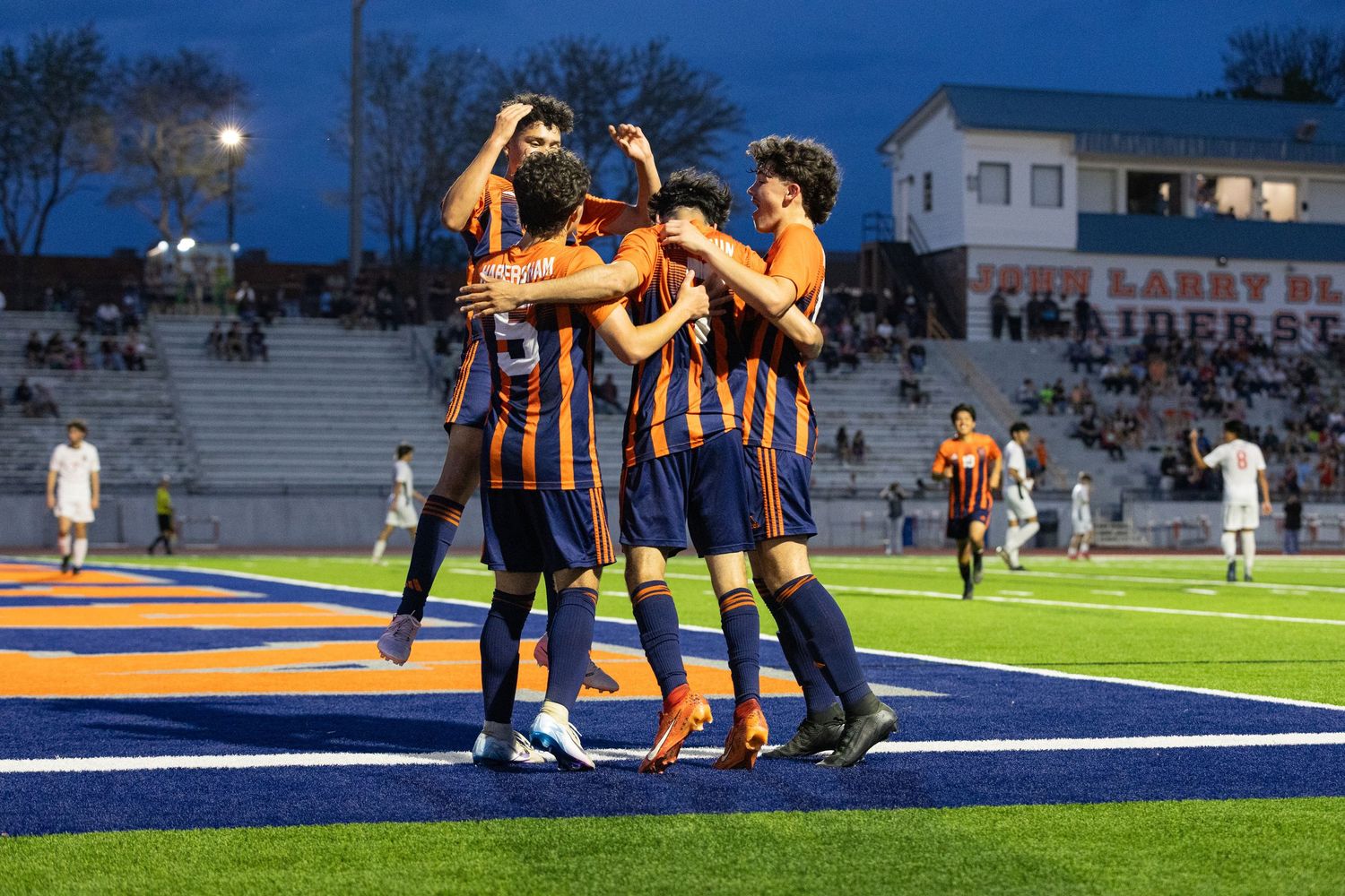 Players from Habersham Central's boys soccer team celebrate a goal during a game played in Northeast Georgia.