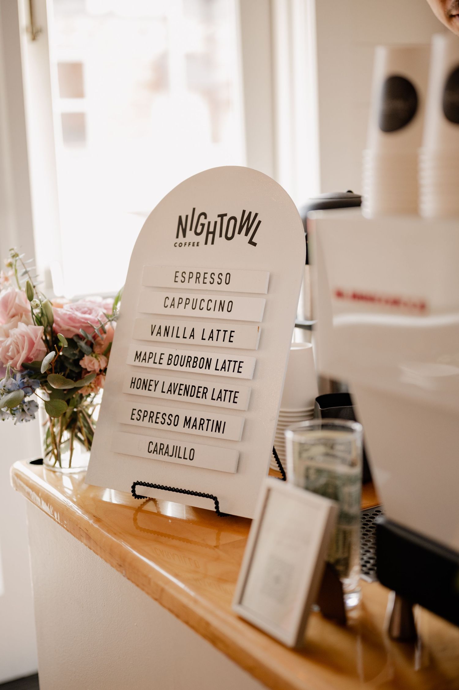 Coffee menu board displaying specialty wedding drinks for Spring wedding cocktail hour