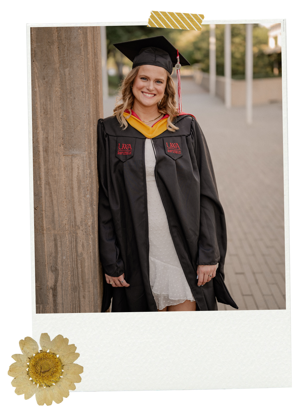College senior girl posing in cap and gown  at University of Texas at Dallas for a fall senior photo session