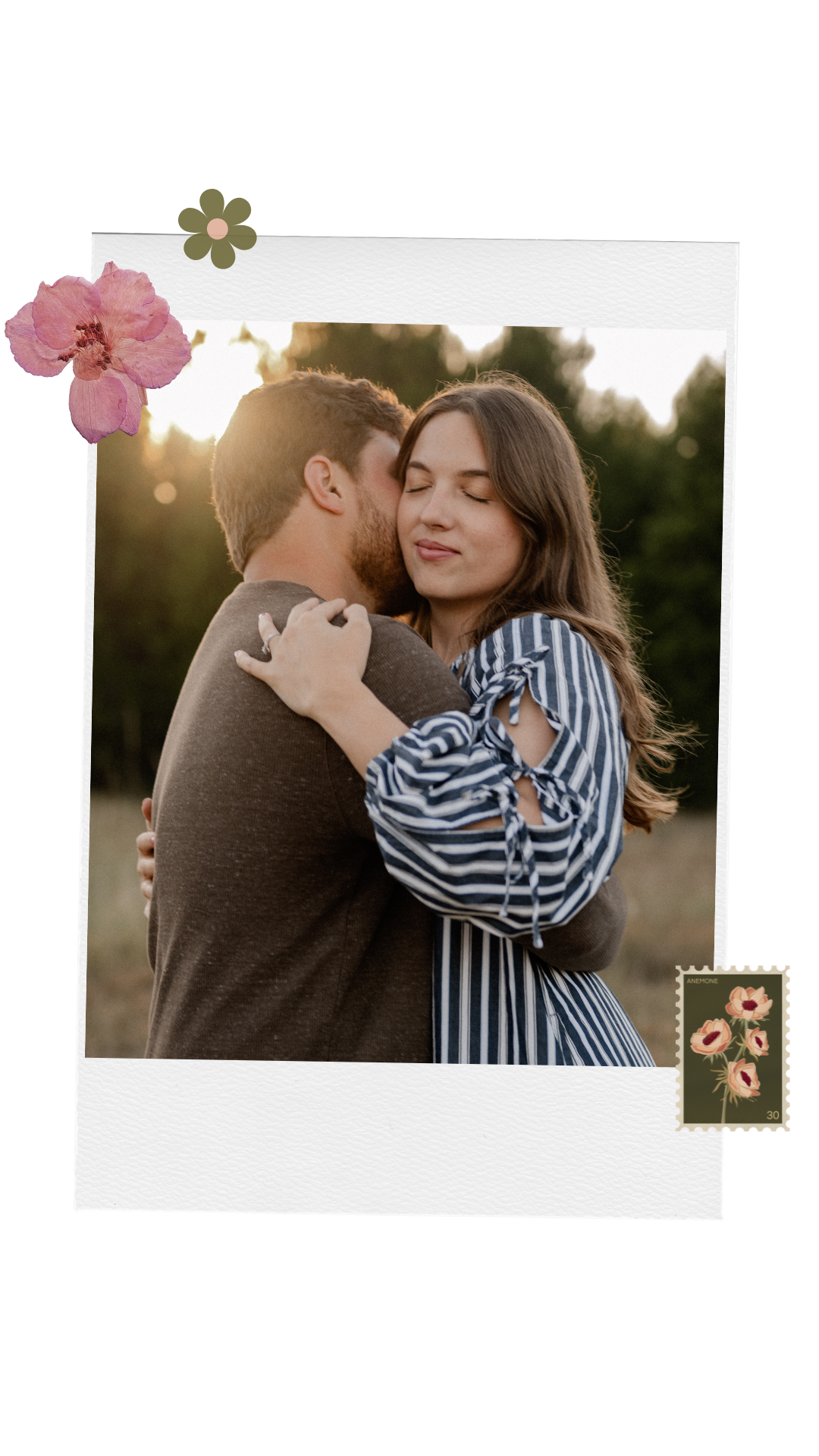 Married couple candidly embracing during a casual fall couple session in a large tree lined field in during golden hour