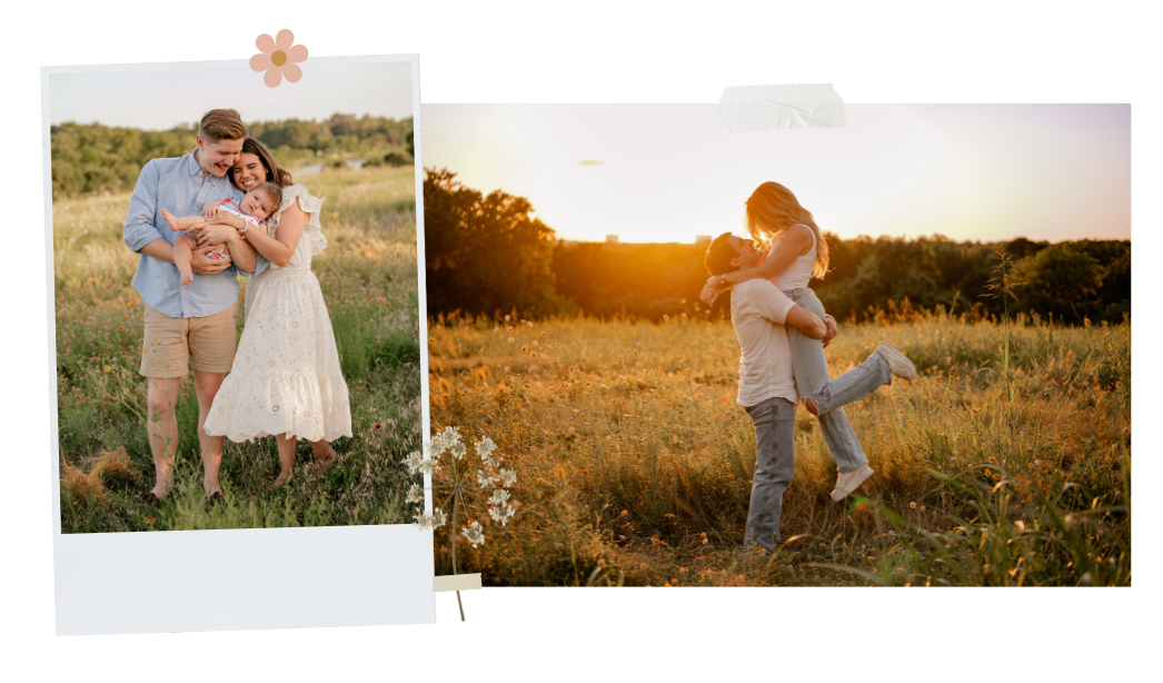 Documentary style Polaroids of photo of family of 3 & couple at an engagement session in the tall grass at golden hour in Dallas, TX