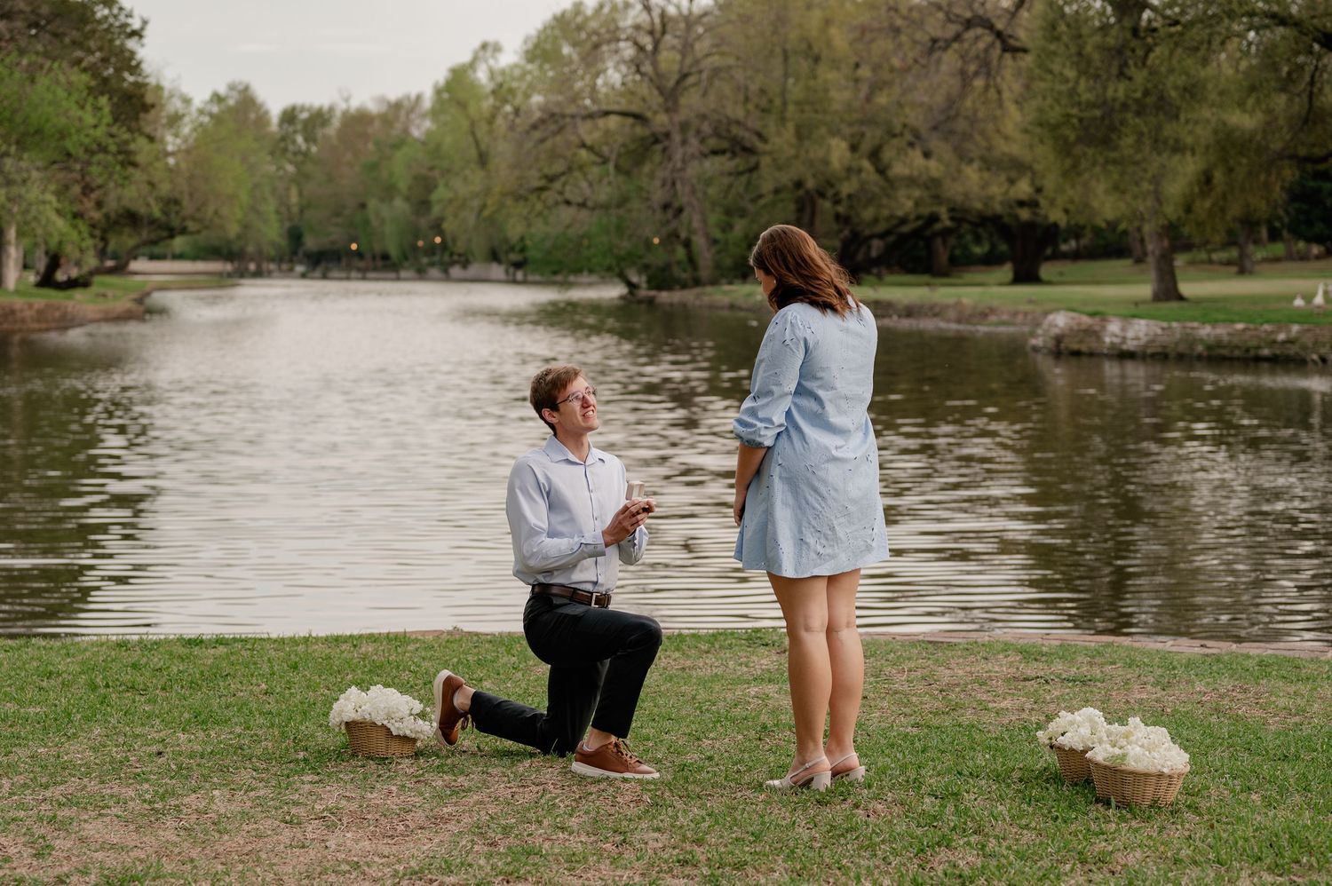 Candid photo of a man down on one knee proposing with flower baskets on the ground in front of large pond at Lakeside Park in Dallas, Texas