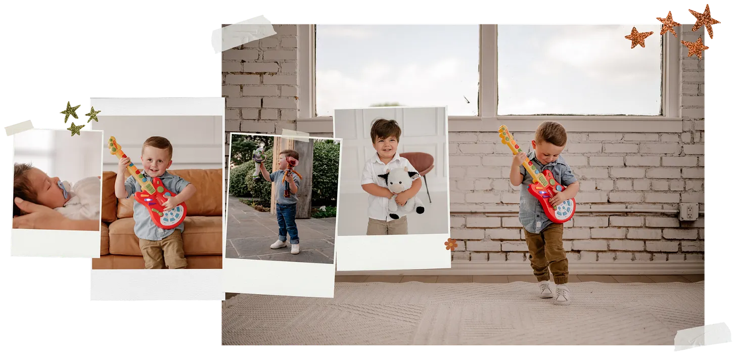 Collage of polaroids, photos, stickers, and dried flowers of kiddos playing during their family photo sessions around Dallas - Fort Worth