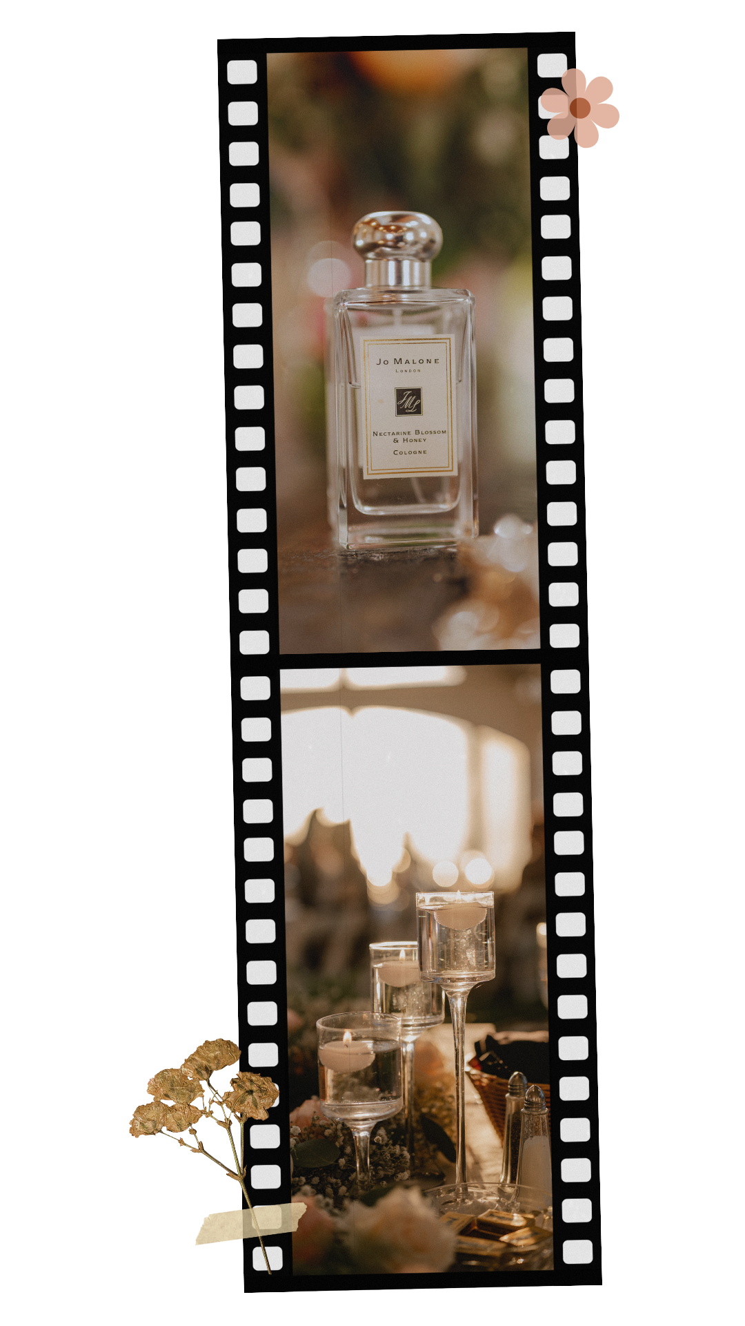 Vintage film strip showing wedding details of a perfume bottle and reception tablescape in The Berkshires Massachusetts