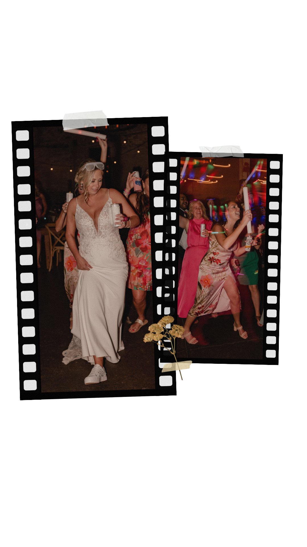 2 film strips of candid images at a lively wedding reception. One of the bride and one of a guest dancing and laughing at a dark reception