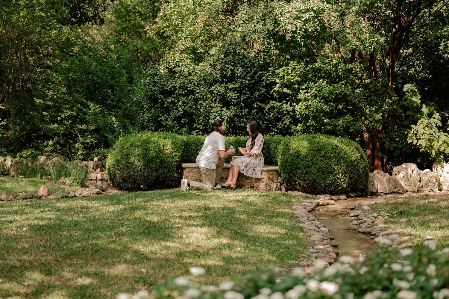 Man down on one knee surrounded by green trees and flowers during a proposal couple's session at the Dallas Arboretum in East Dallas