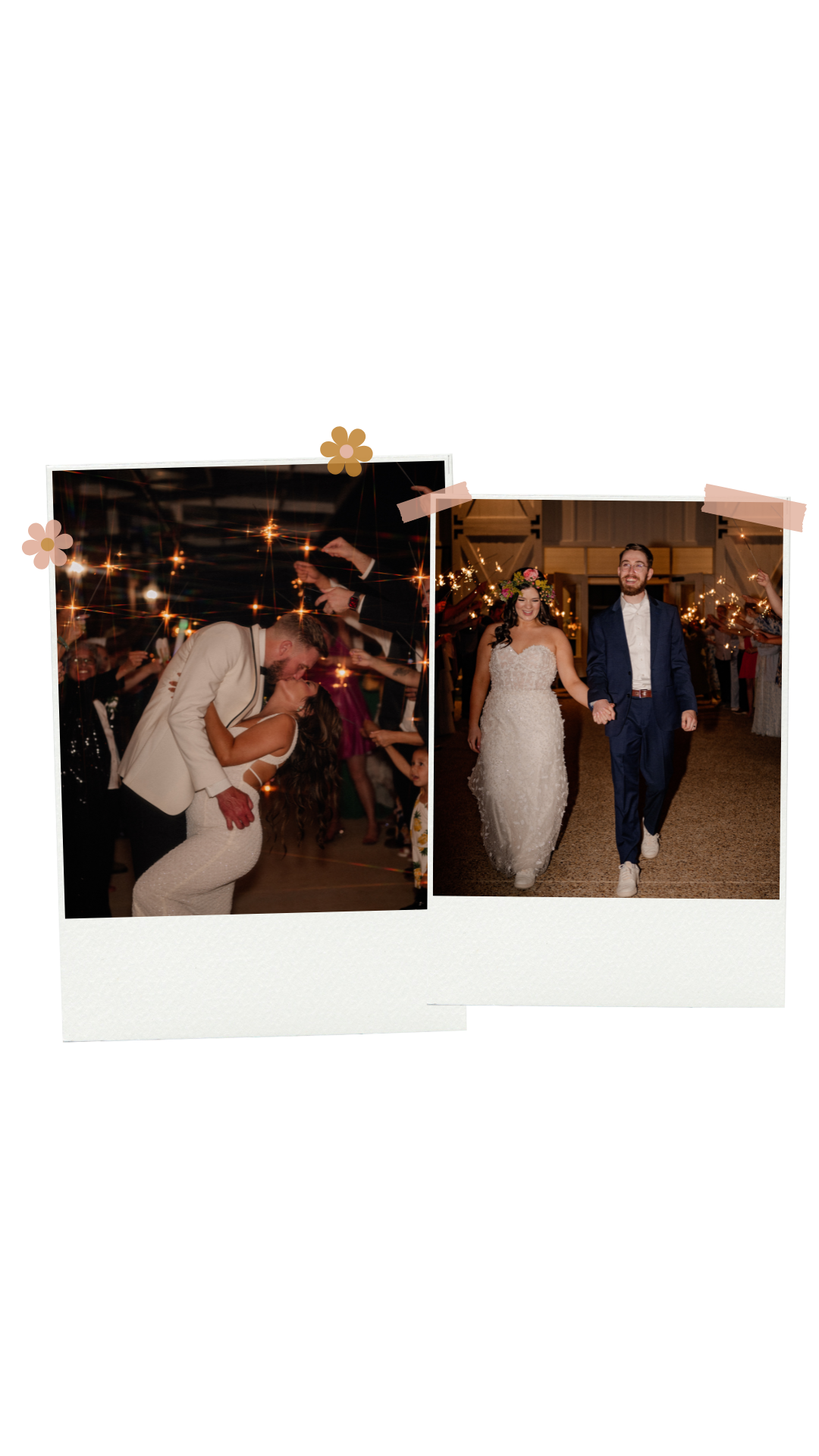 2 Polaroids of different wedding couples at their exciting grand exit with sparklers