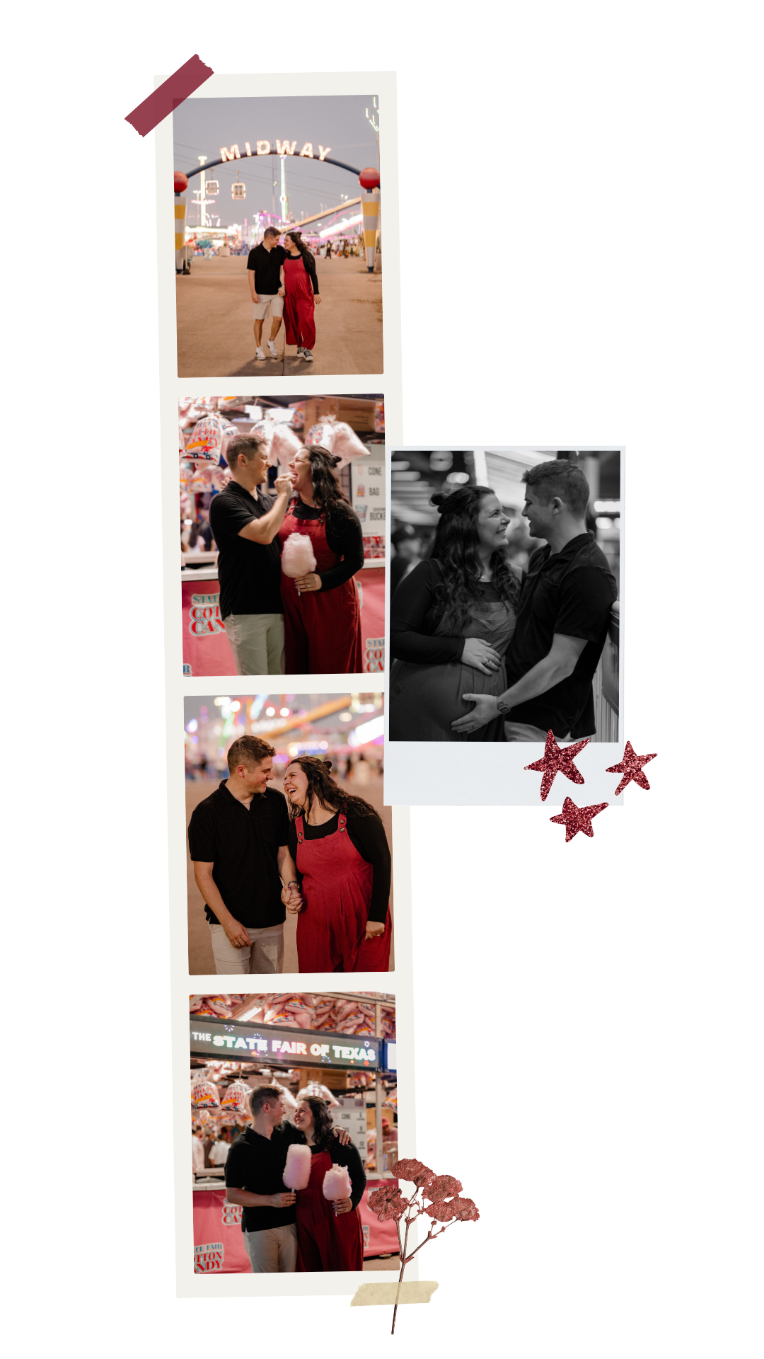 Photo strip and Polaroid of a couple posing around the State Fair of Texas for their fall pregnancy announcement and maternity photos