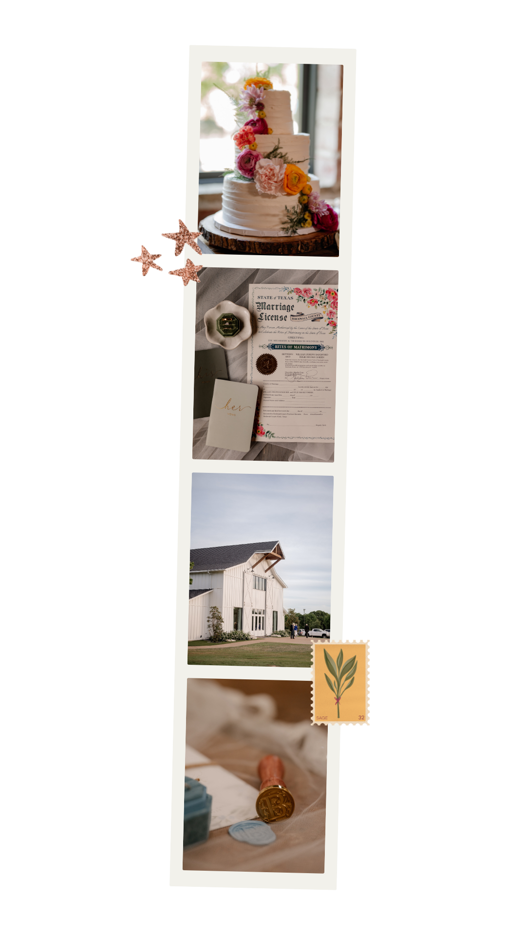 A polaroid strip of minimalist wedding photos showing details of invitations, decor, venues, and wedding certificates.