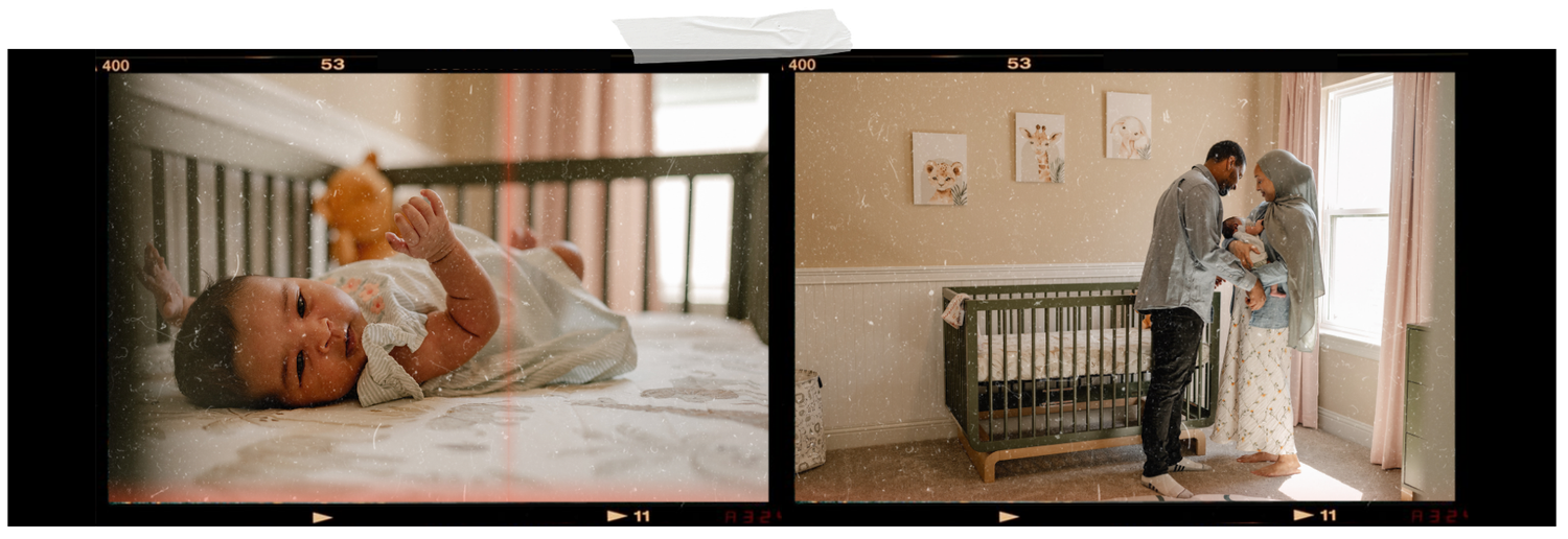 Film strip of newborn and parents holding baby in the nursery for an at-home newborn photo session in Garland, Texas