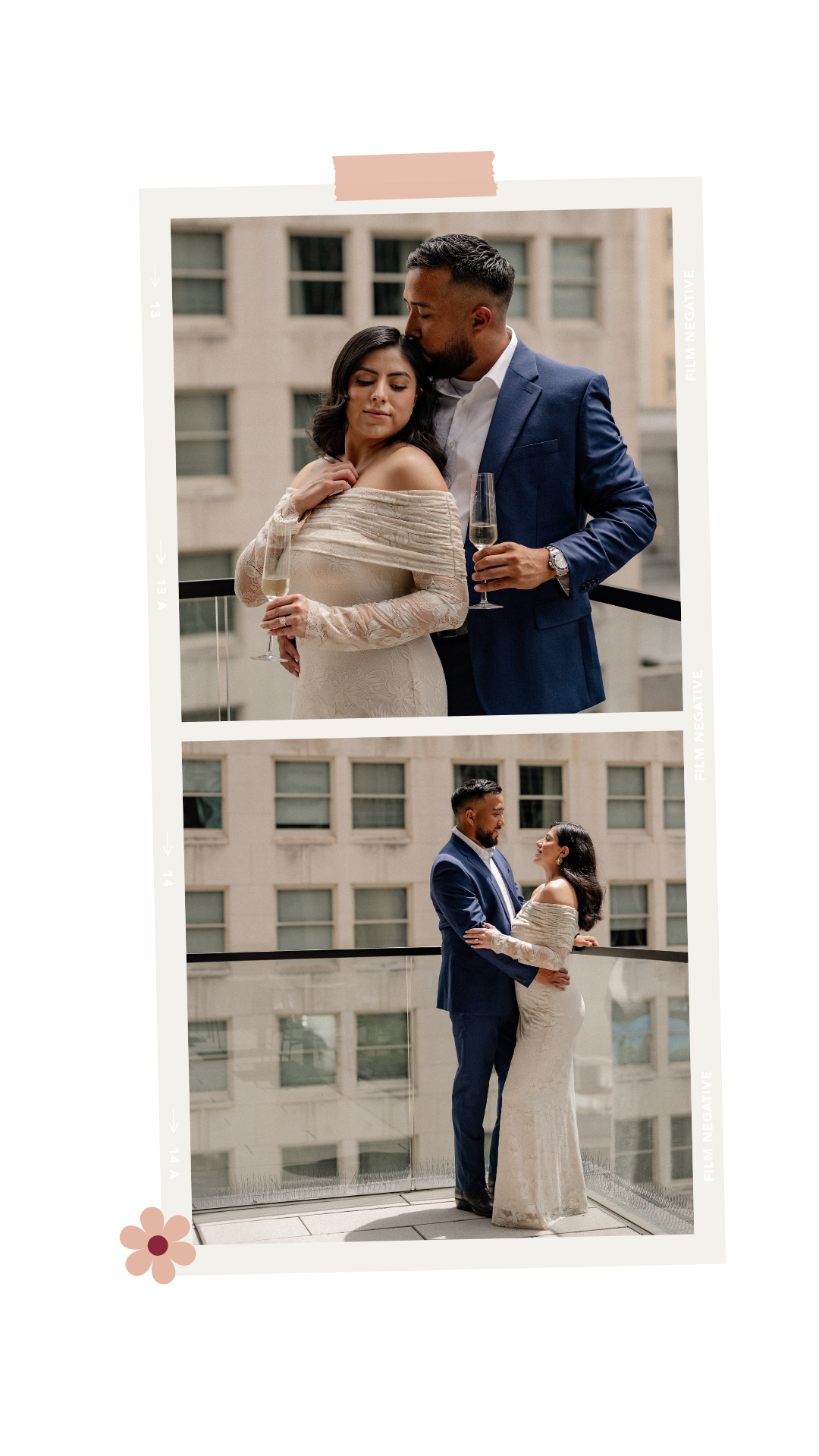 Couple intimately embracing during engagement session on a rooftop bar in downtown dallas overlooking historic urban buildings
