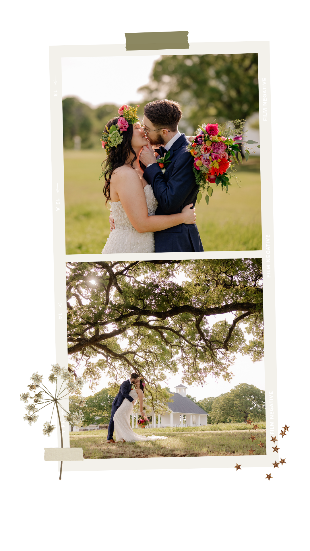 Polaroid strip of a bride & groom kissing during wedding couple portraits in green field at sunset for Spring wedding in Rockwall, Texas