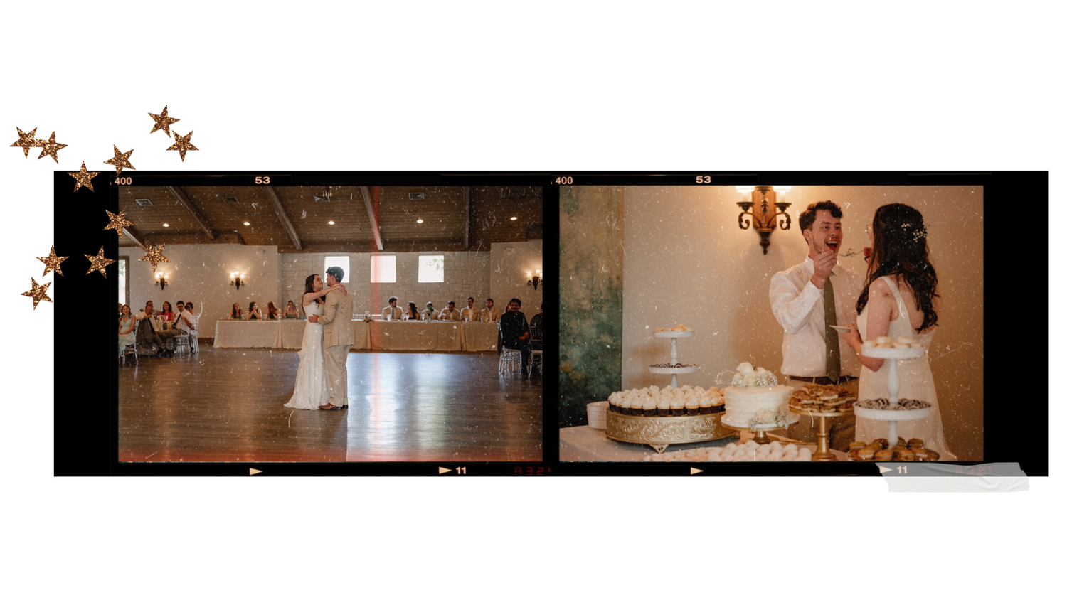Split photo of a bride and groom during their first dance in a large reception hall and the feeding each other bites of their wedding cake