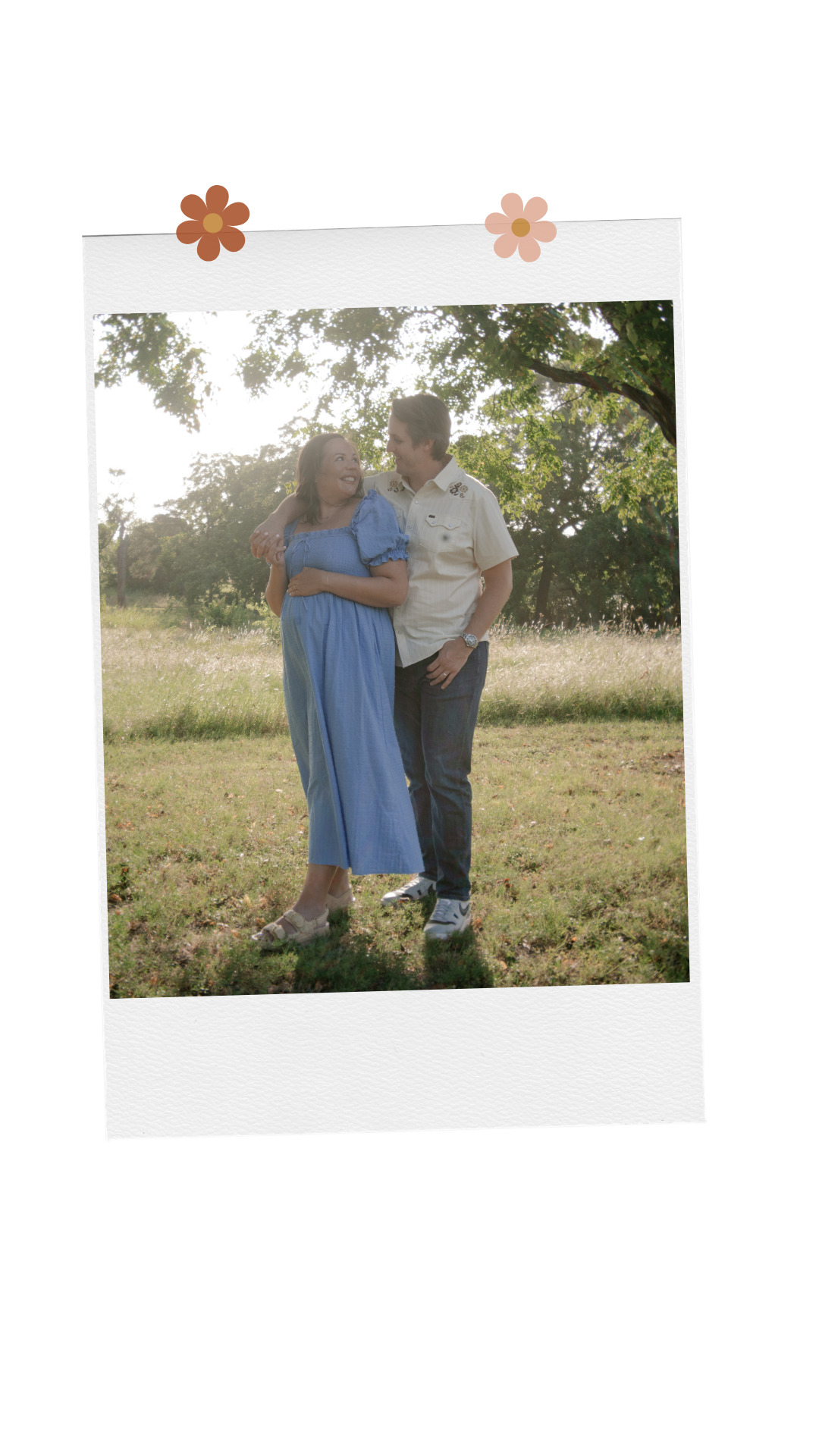 Posed film photo of a husband and wife at a summer maternity session overlooking White Rock Lake in East Dallas, TX