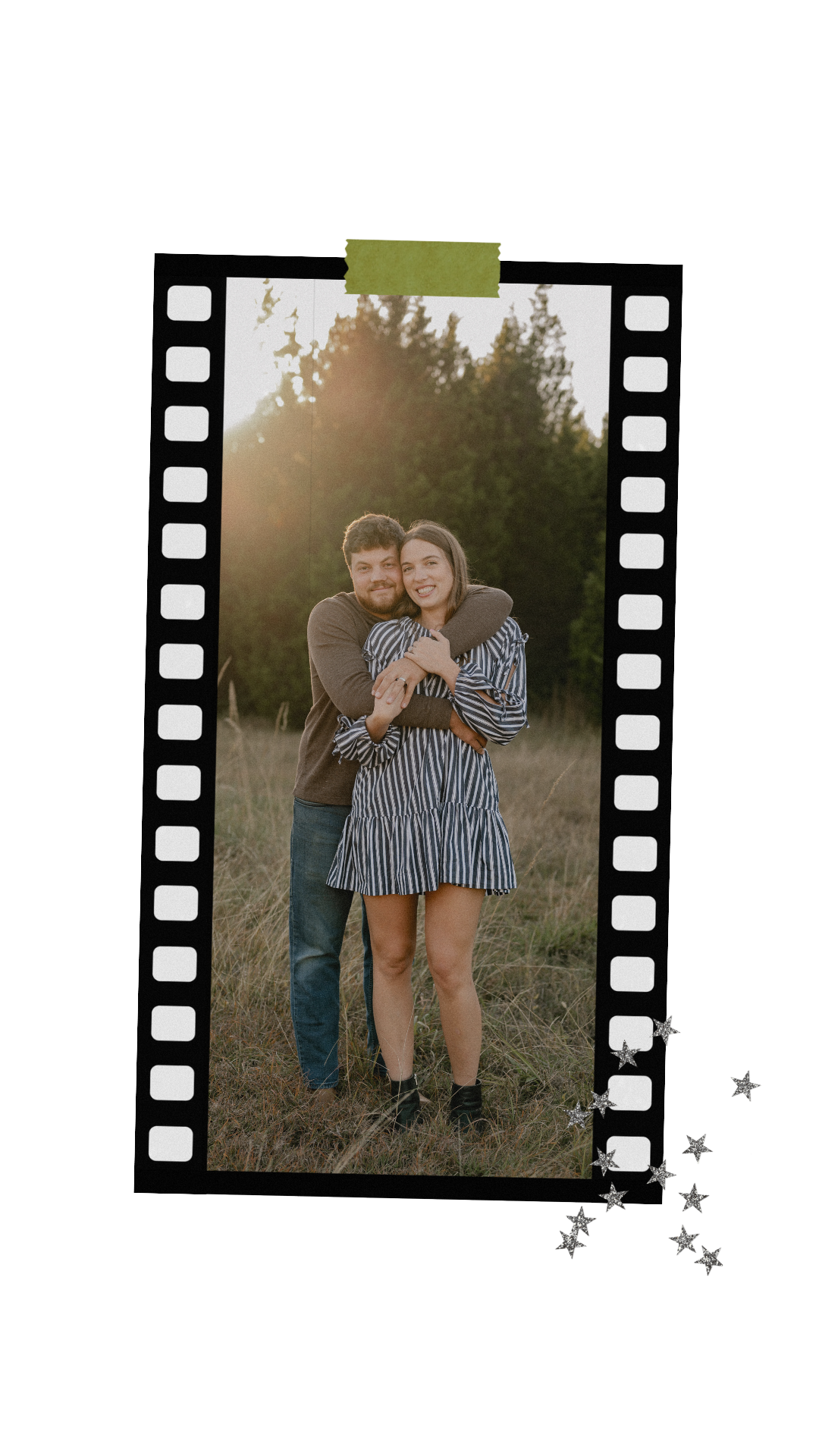 Film strip of a image of a married couple bear hugging during a casual fall couple session in a large tree lined field in during golden hour