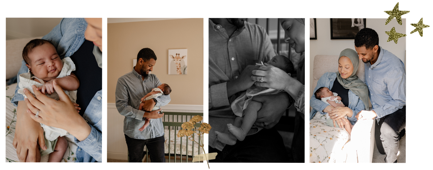 Film strip of newborn and parents holding baby in the nursery for an at-home newborn photo session in Garland, Texas