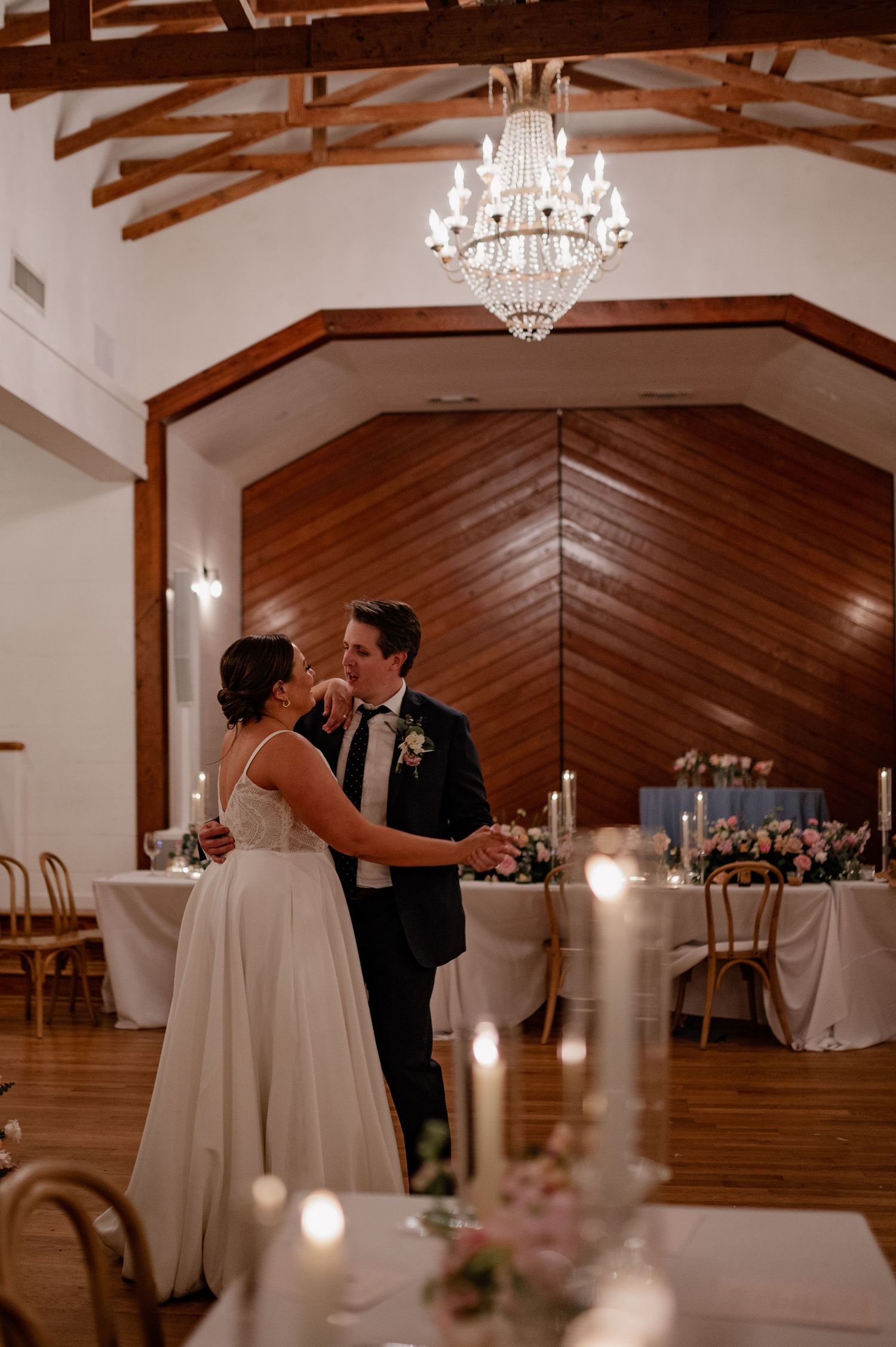 Wedding couple intimately dancing at private last dance in Bishop Arts venue in Dallas, Texas