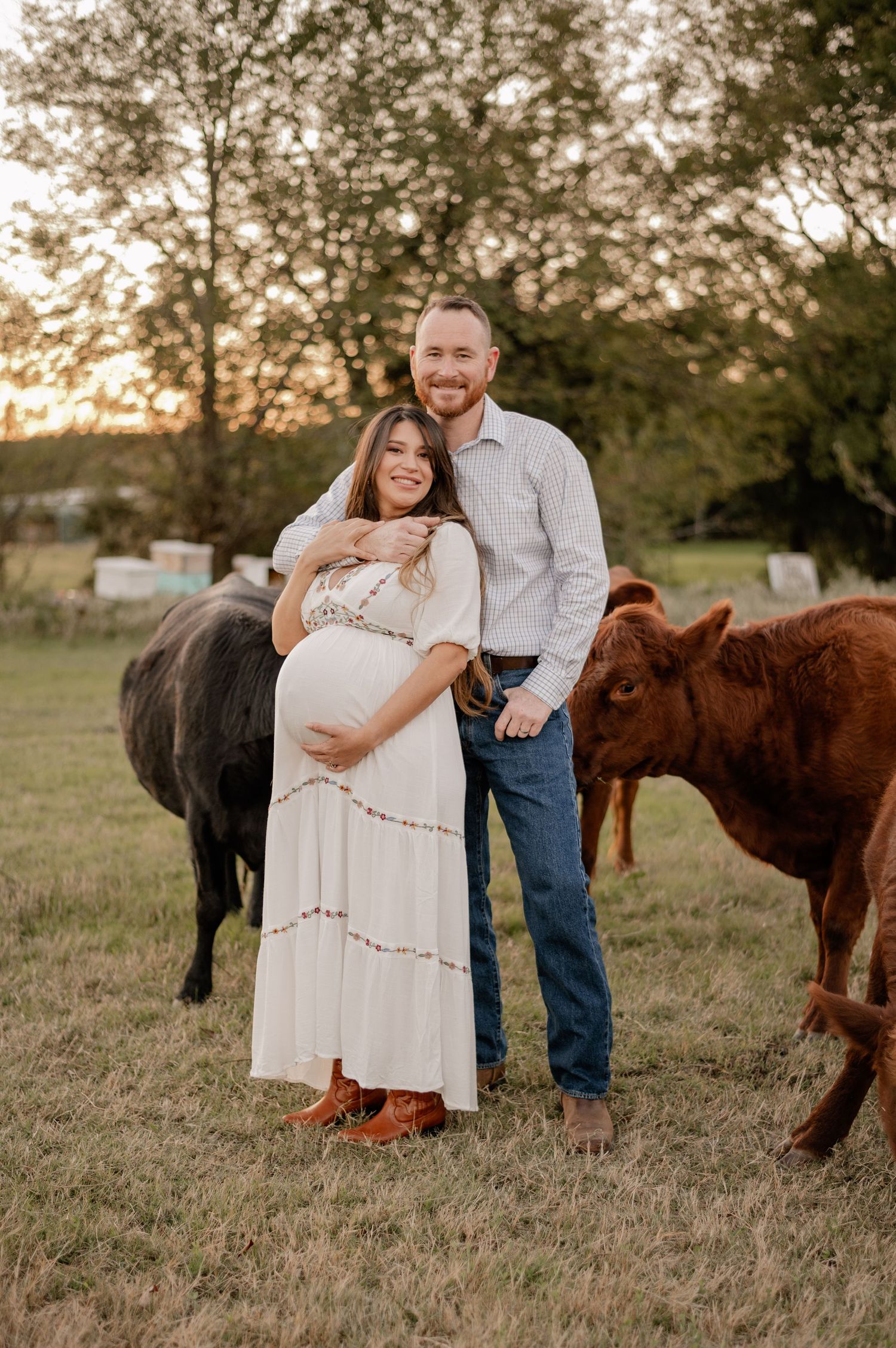 Couple embracing and holding woman's pregnant belly for their maternity photo on their own cattle farm in Terrell, Texas