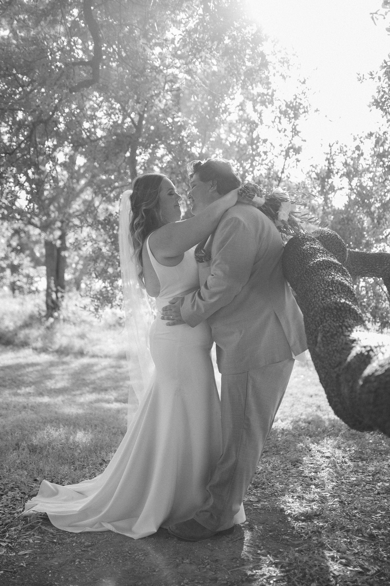 Black and white artistic wedding photo of a couple sitting under dappled sunlight.