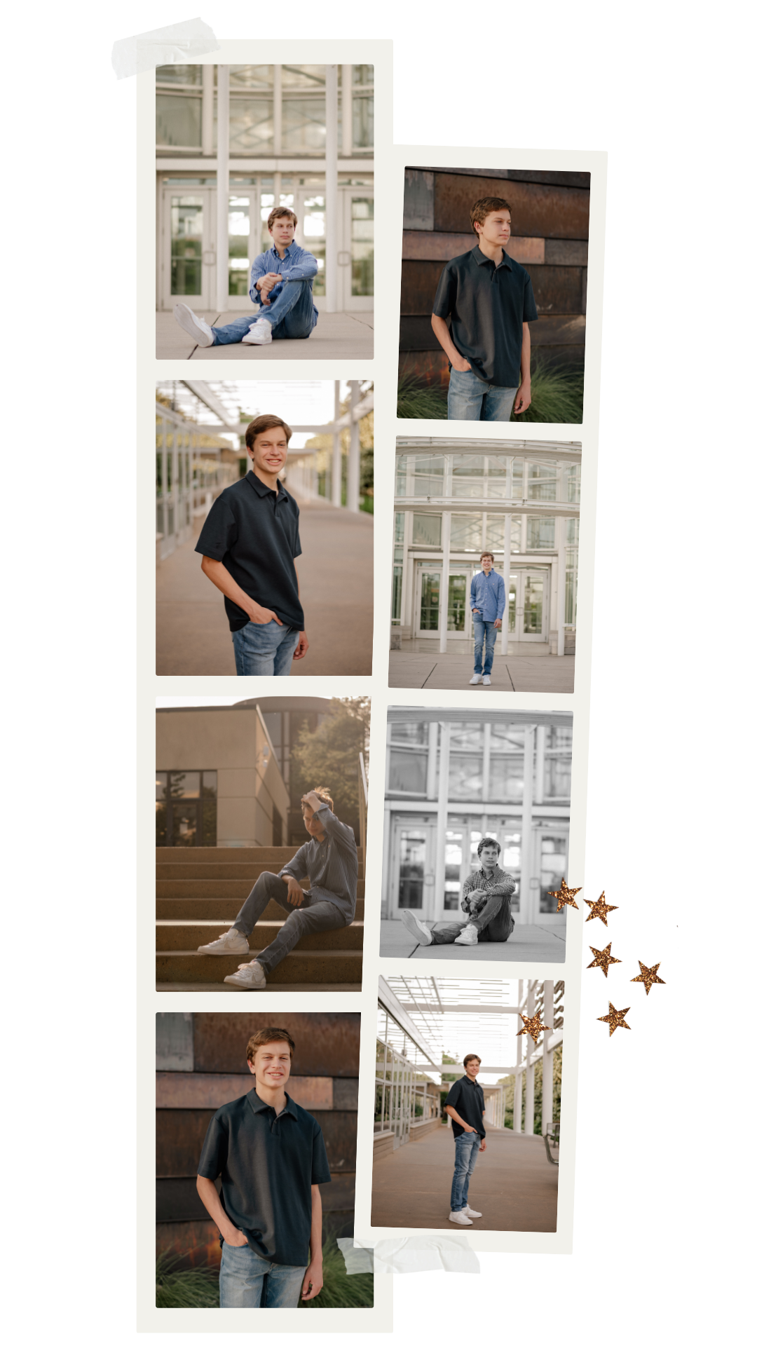 Polaroids of a Senior boy posing around the University of Texas at Dallas for a summer senior photo session in Richardson, Texas
