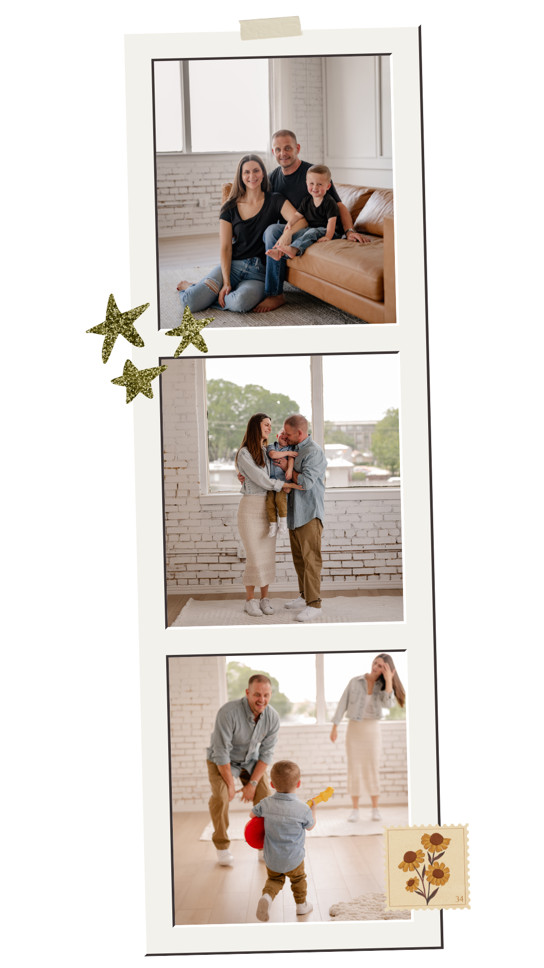 Polaroids of candid lifestyle photos at a family session in a bright indoor studio in Dallas, Texas
