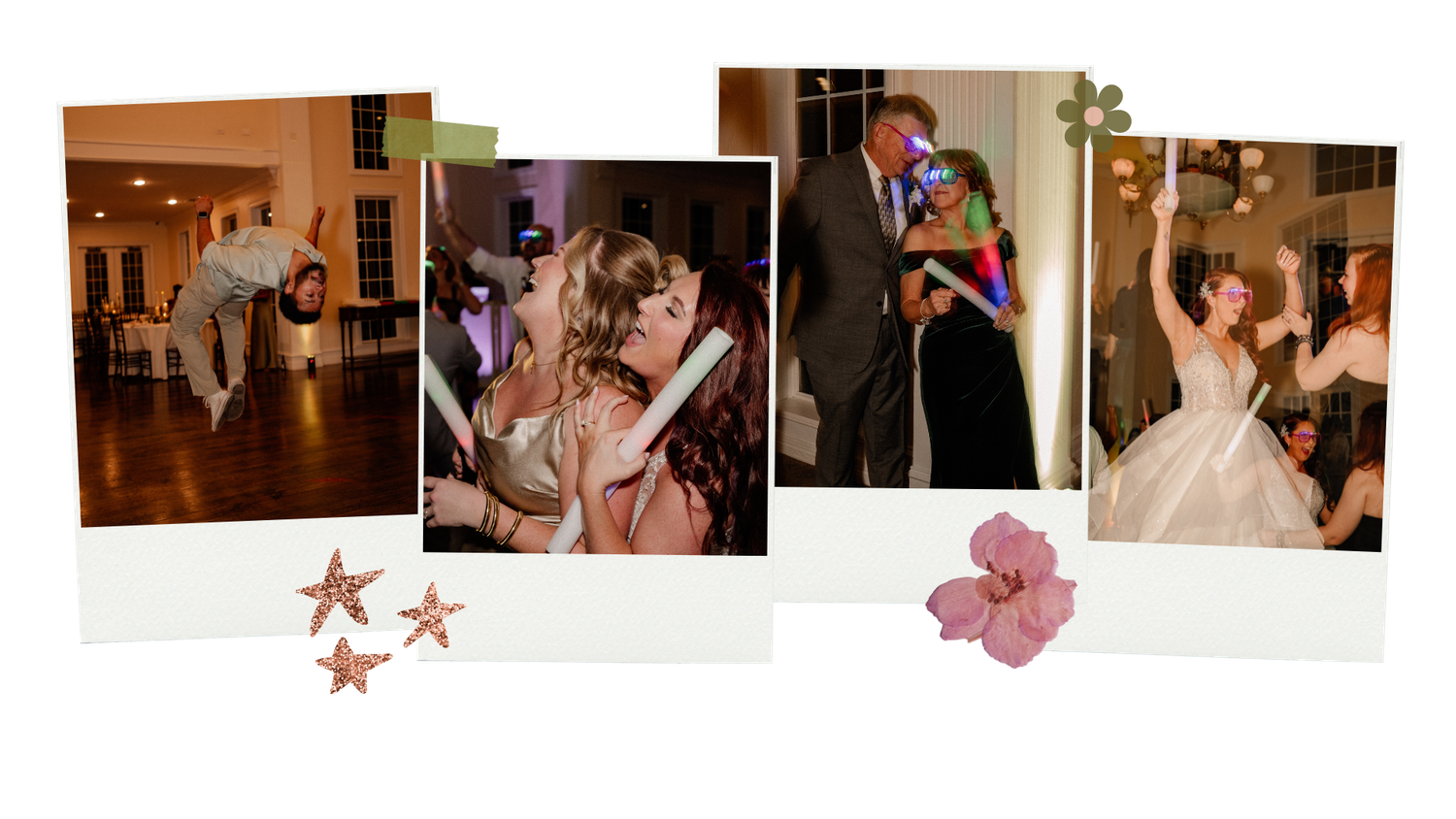 Series of polaroids from a lively wedding reception where guests are doing a backflip, dancing with light trails, and singing loudly