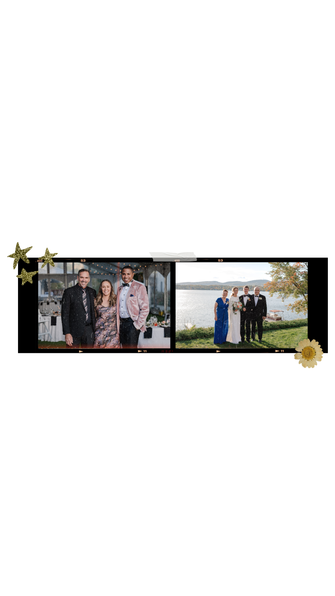 Film strip of wedding guests smiling at the camera and the bride & groom with parents during family photos in the Berkshires Massachusetts