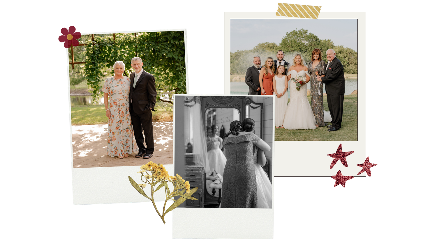 Polaroid photos of a mom & dad, a mother of the bride hugging her daughter in her wedding gown, & an extended family photo during portraits