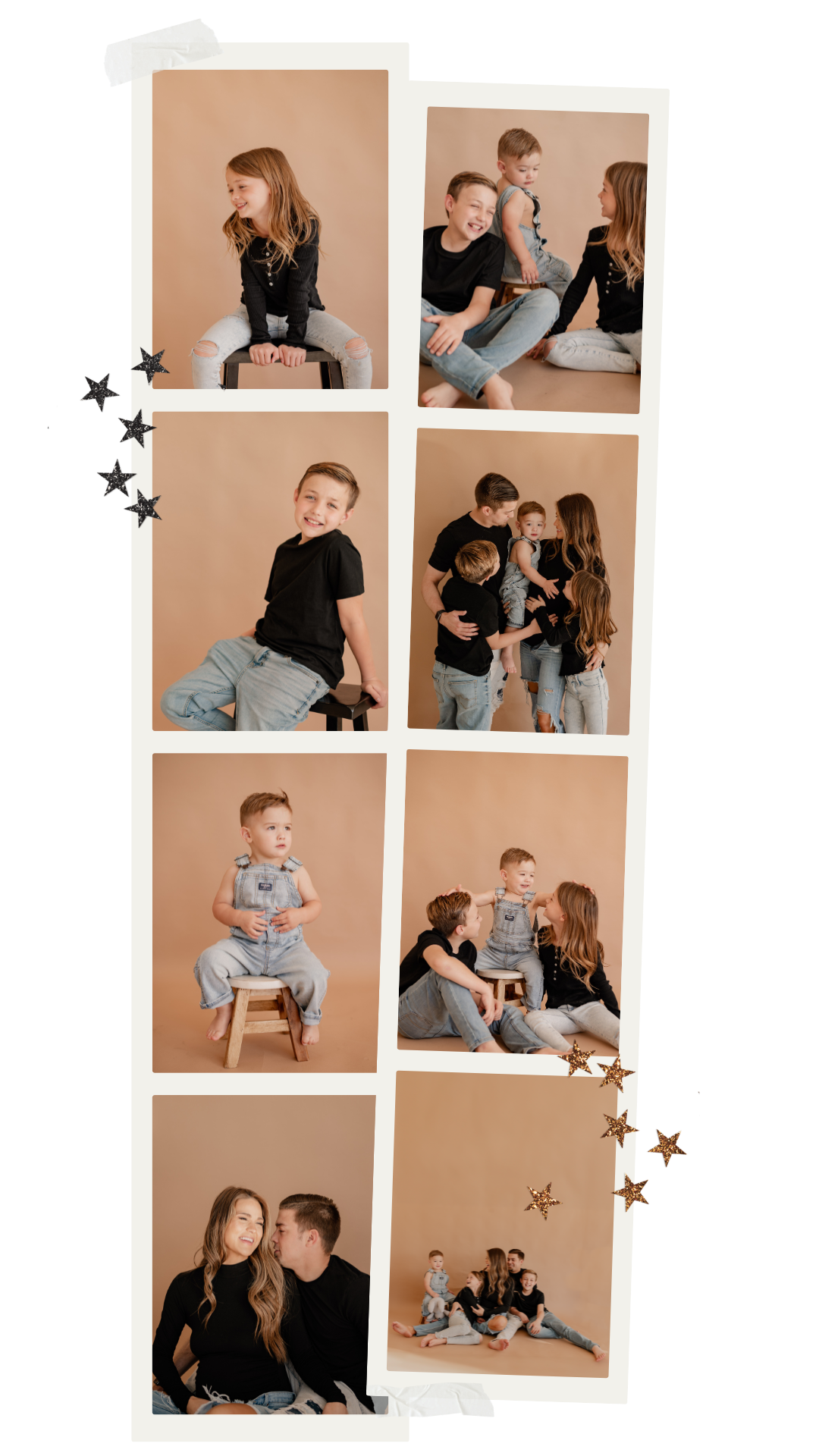 Polaroids of candid lifestyle photos at a large family session in front of a paper backdrop at an indoor studio in Dallas, Texas
