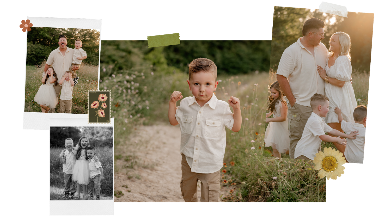 Collage of polaroids, photos, stickers, and dried flowers of a fun and playful family during a summer family session in Dallas, Texas