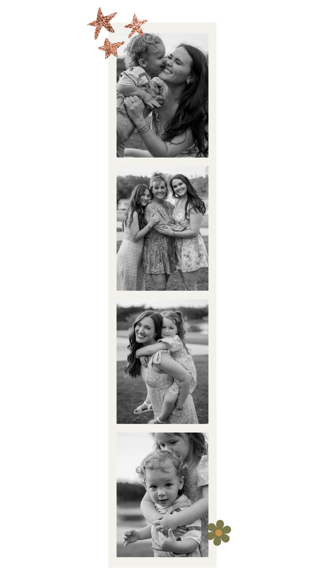 Black and white photo strip of posed and candid images of extended family for Spring family photos at large park in Rockwall, Texas