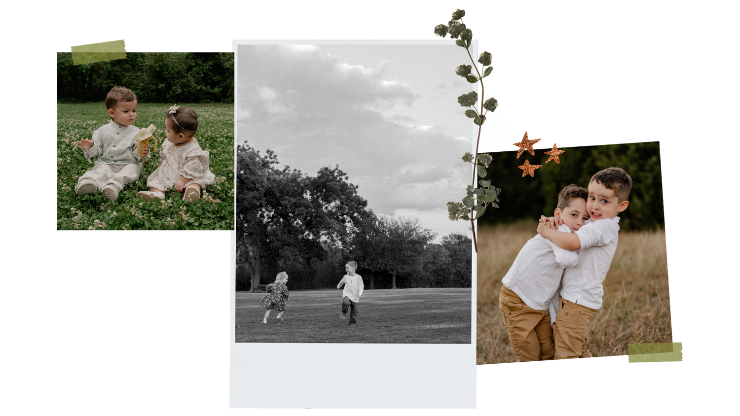 Collage of polaroids, photos, stickers, and dried flowers of kiddos playing during their family photo sessions around Dallas - Fort Worth