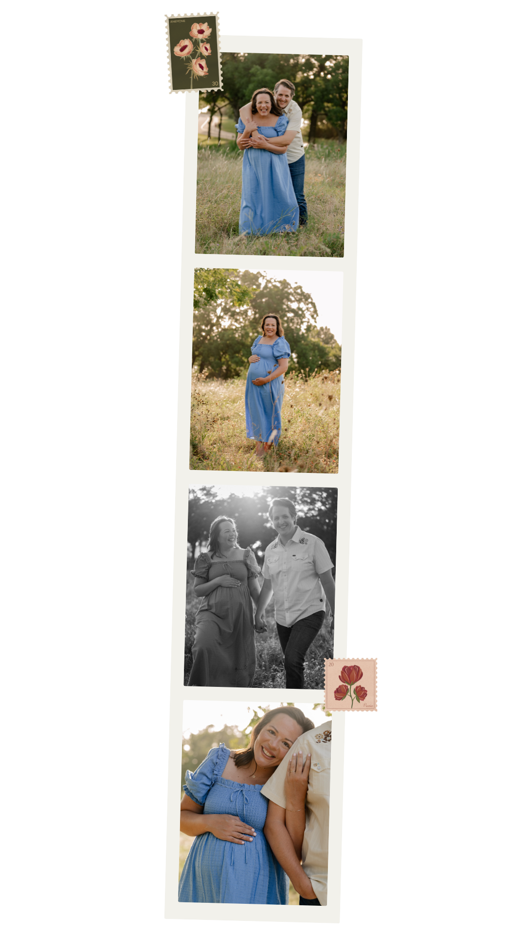 Photo strip of posed and candid images of a husband and wife at a summer maternity session overlooking White Rock Lake in East Dallas, TX