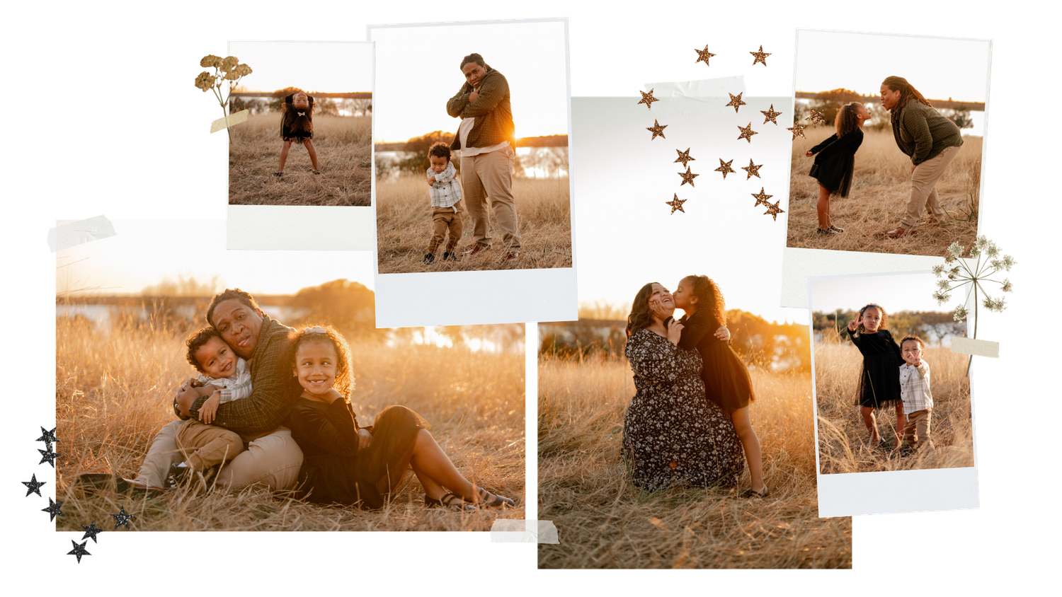 Collage of polaroids, photos, stickers, and dried flowers of a fun and playful family during a fall family session in Dallas, Texas