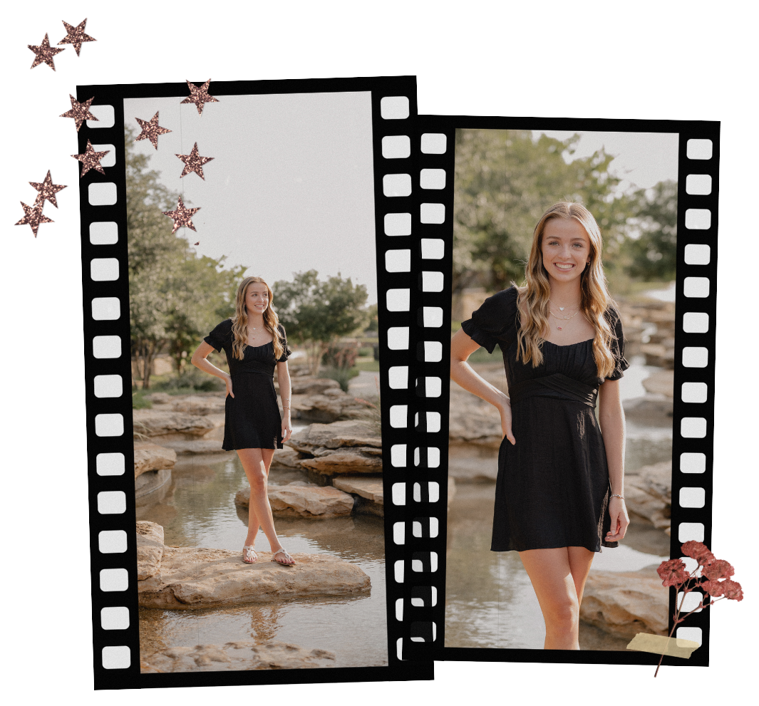Film strip of Senior portraits for an outdoor summer Senior photo session at a small creek and green space in Frisco, Texas