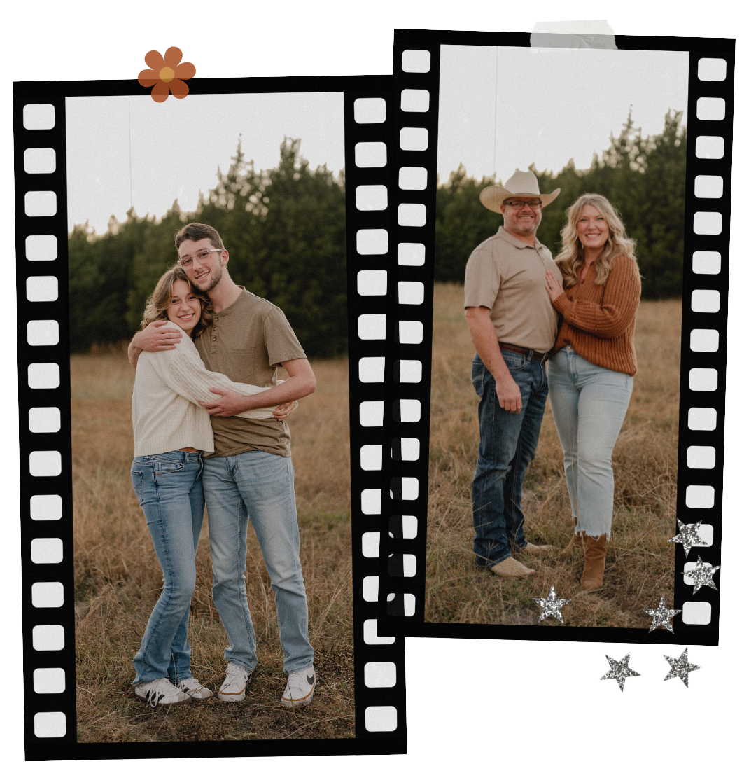 2 film strips from a fall family session. One of 2 older kids embracing and one of parents hugging in a large open, tree lined field.