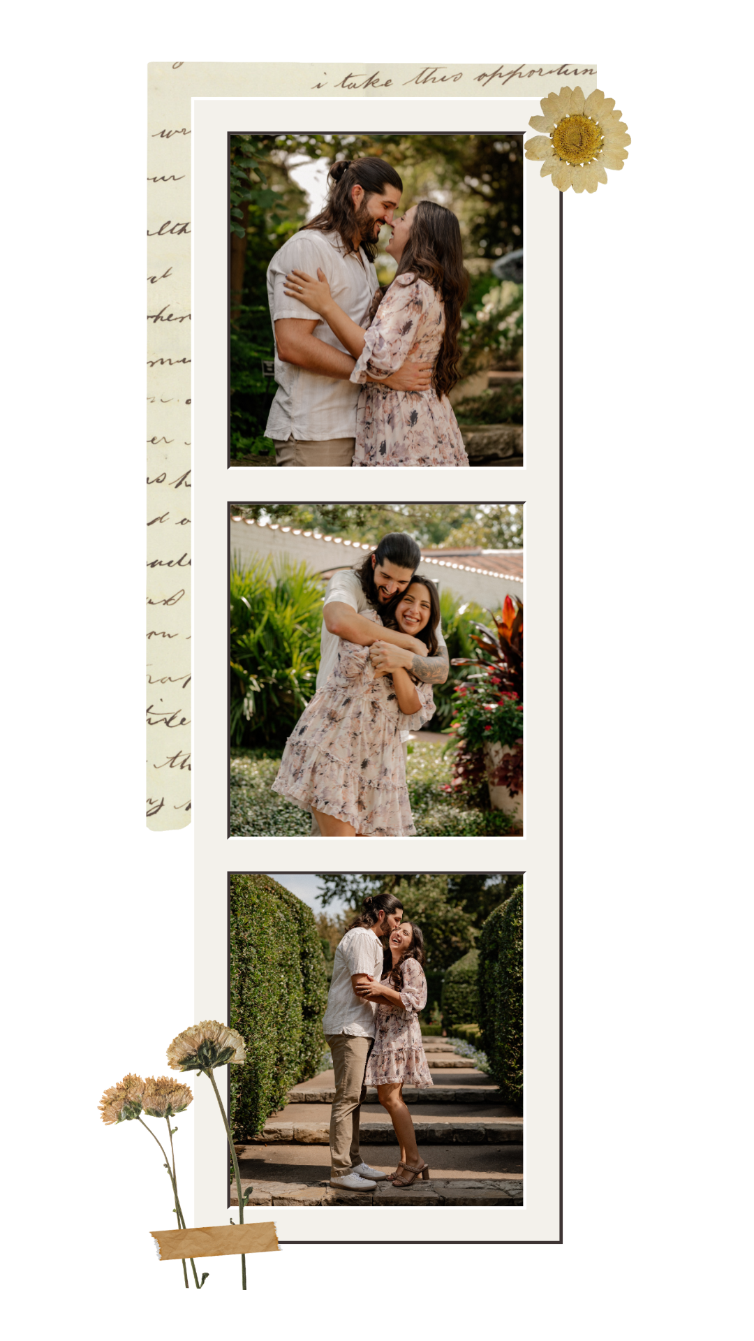 Polaroid strip of couple joyfully embracing and laughing during a proposal couple's session at the Dallas Arboretum in East Dallas