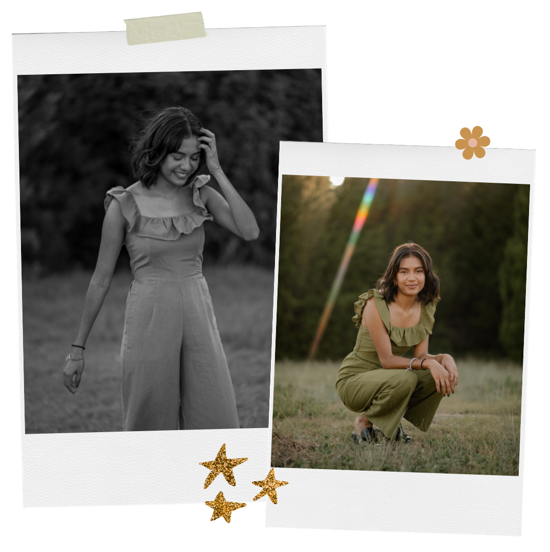 Polaroids of a candid and posed portrait of a girl in a large field lined with trees in Sunnyvale, Texas