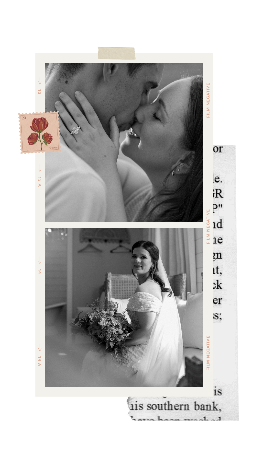 Polaroid of a couple kissing during a documentary style engagement session and a smiling bride during bridal portraits in Dallas, Texas
