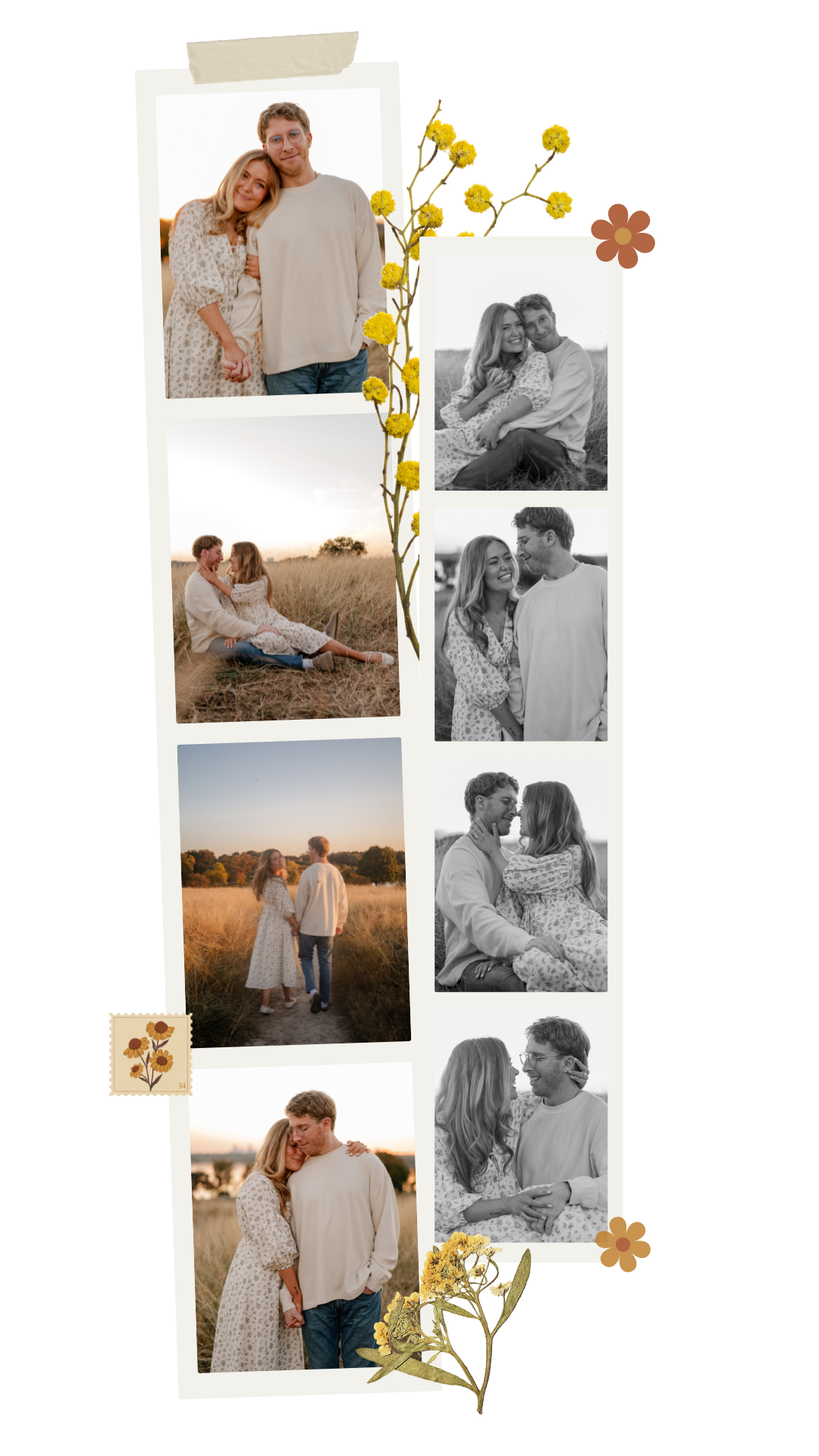 Photo strips of posed and candid images of an engaged couple at a couples session in a large field overlooking a lake in Dallas