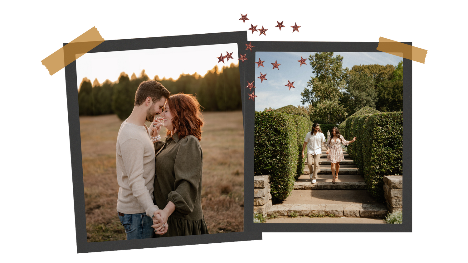 2 Polaroids of couples lovingly embracing and laughing at couple's photo sessions in Sunnyvale, TX and the Dallas Arboretum in East Dallas