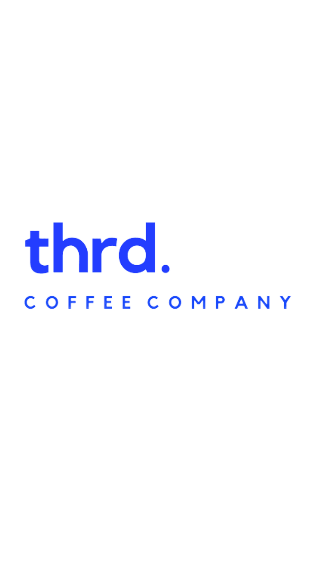 Modern blue and white coffee company logo design with minimalist typography spelling 'thrd' on white background.