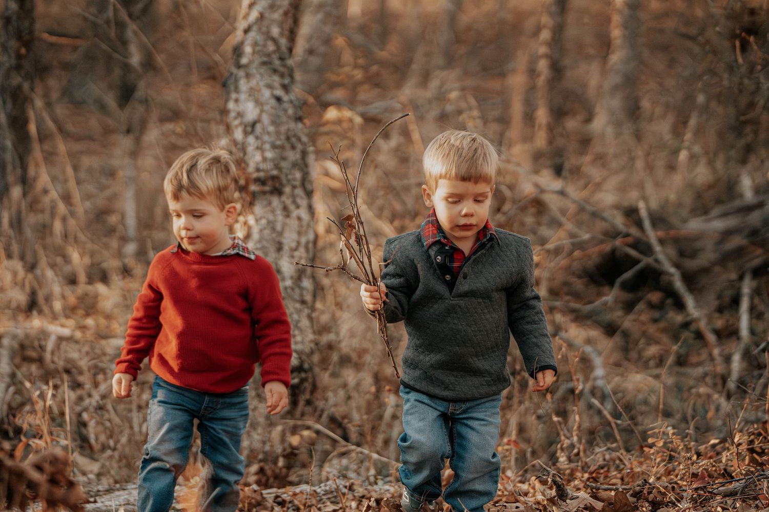 Two children playing with sticks while exploring autumn woods.