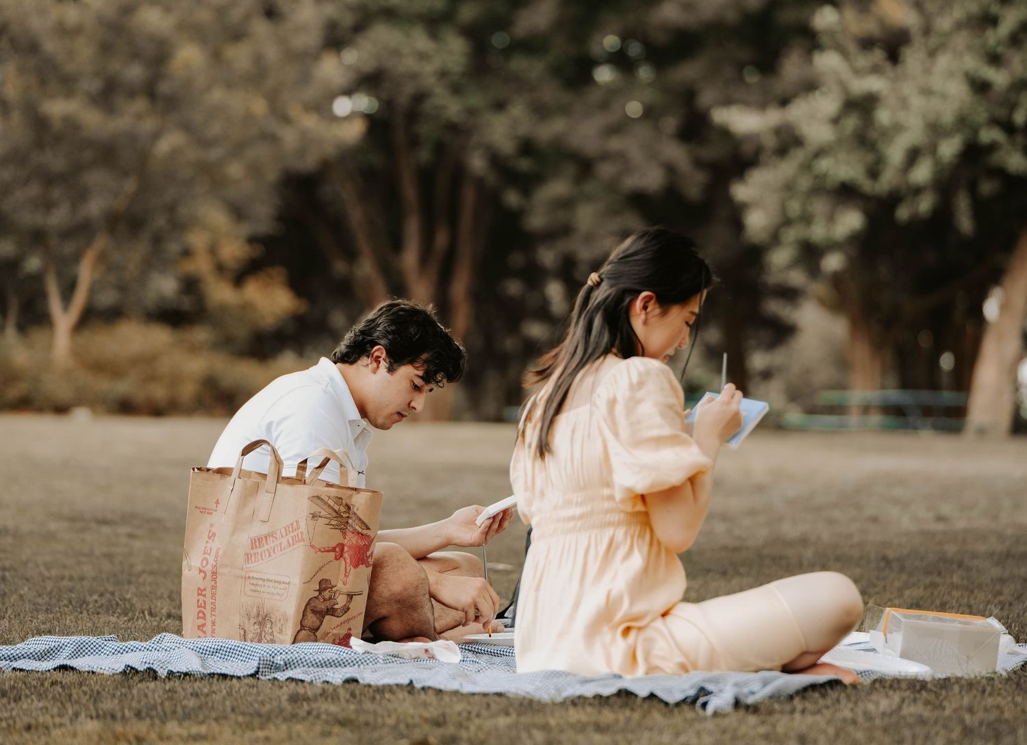 People relaxing on blankets while painting in a peaceful park setting.