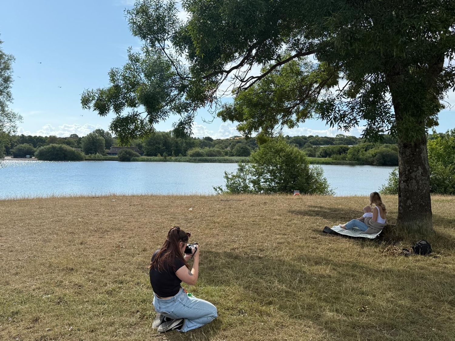 Photography session taking place by tranquil lake with tree and grassy shore.