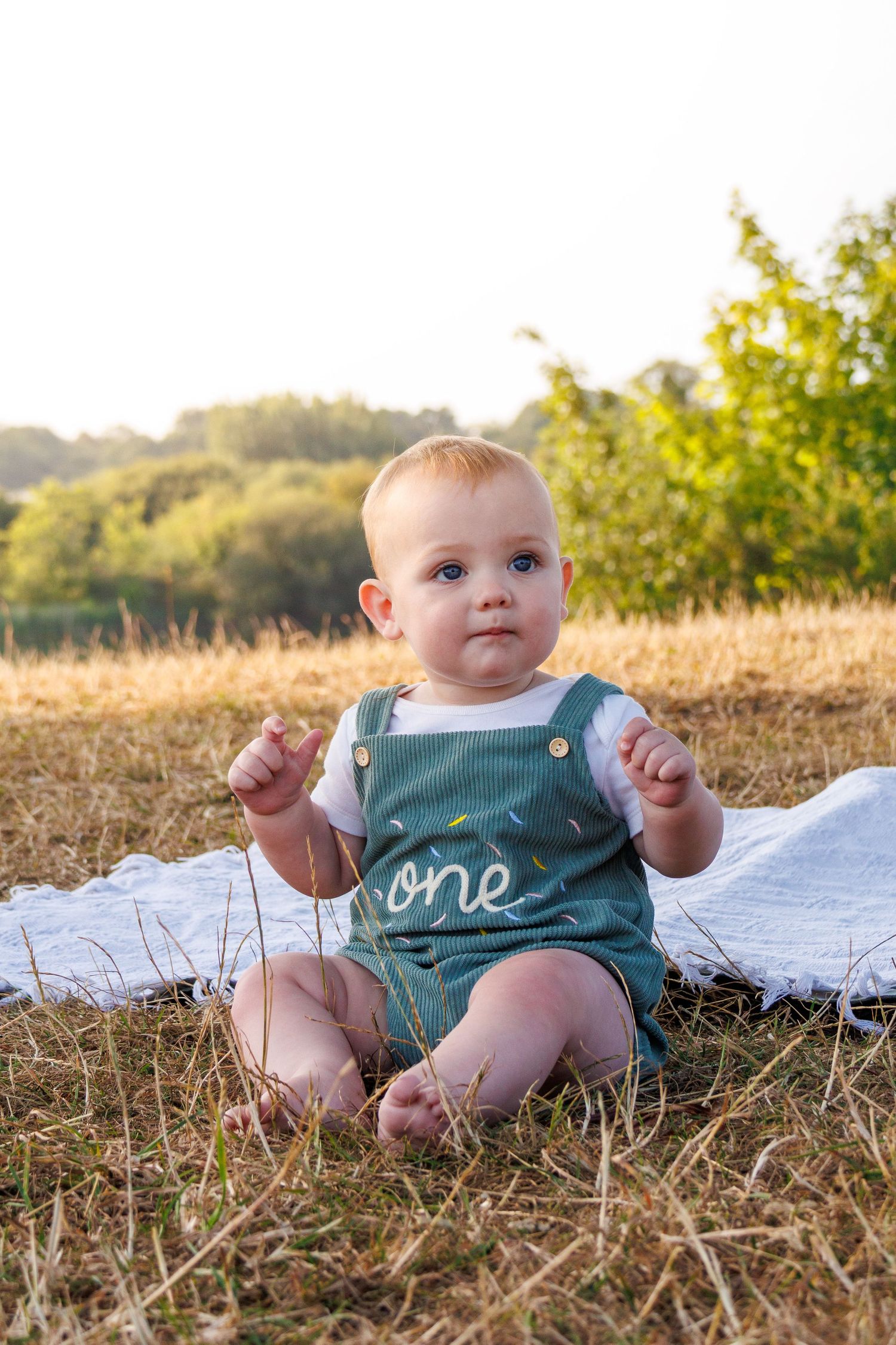 A baby wearing a teal 'one' onesie sits on a white blanket in a sunny field during golden hour.