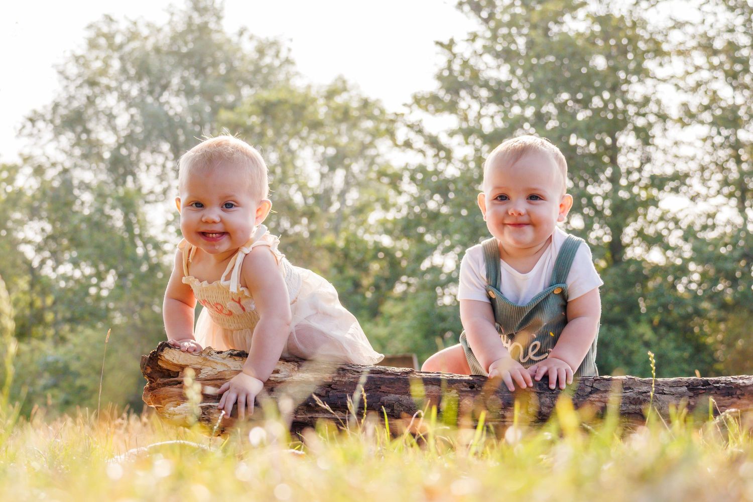 Family enjoying a sunny outdoor photo session in a grassy field at sunset.