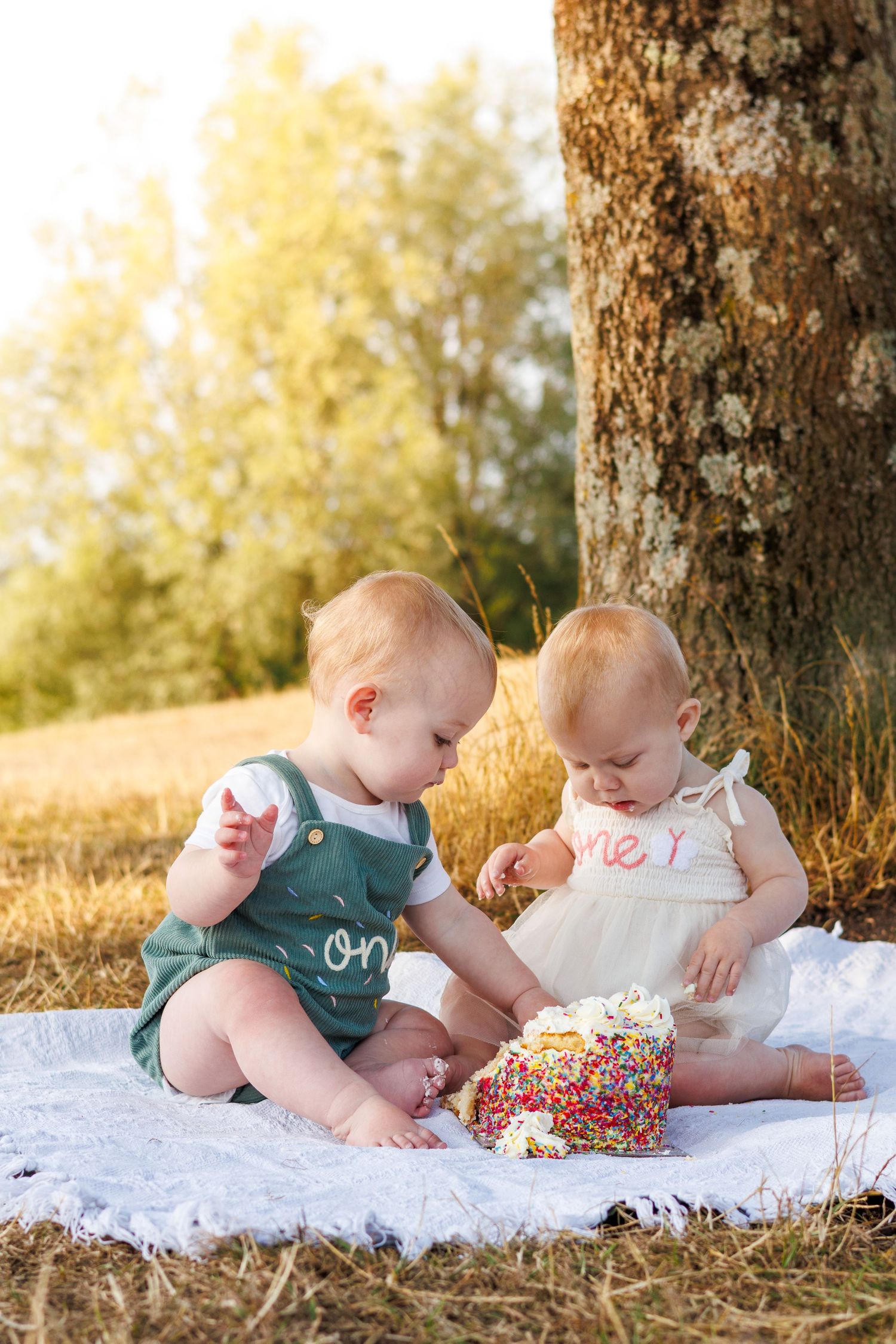 Two babies in green and white outfits share a colorful sprinkle-covered cake while sitting on a white blanket outdoors.