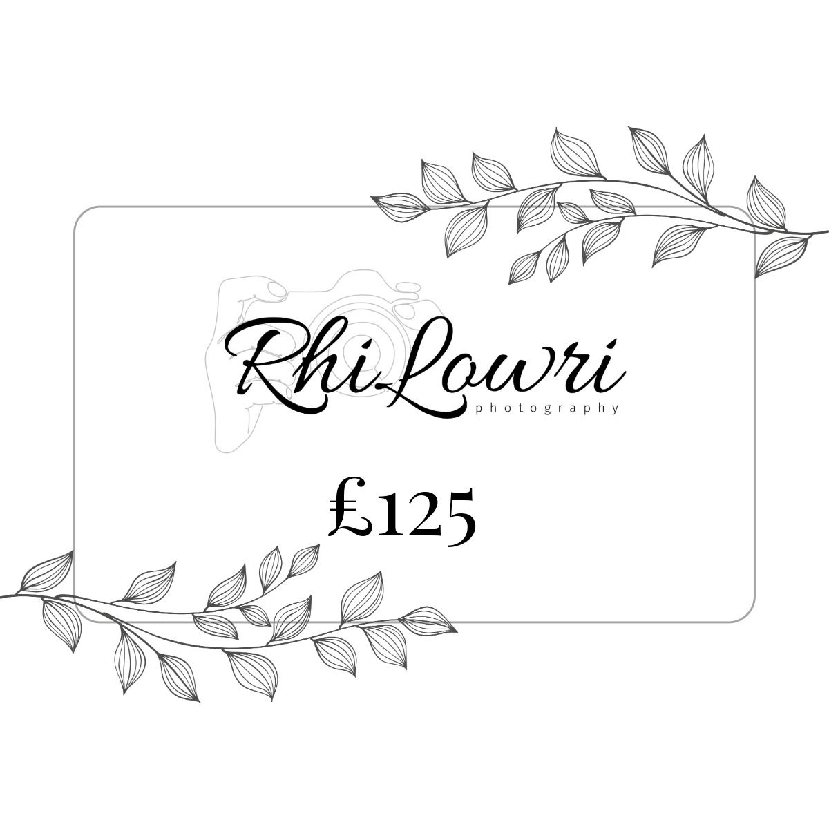 Decorative floral border design with delicate leaves and £125 text in elegant calligraphic style.