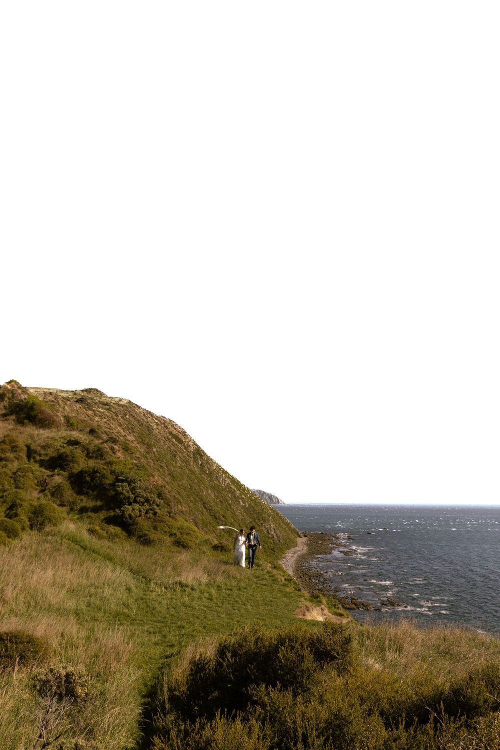 Two people stand on a lush green coastal cliff overlooking the ocean on a clear day.